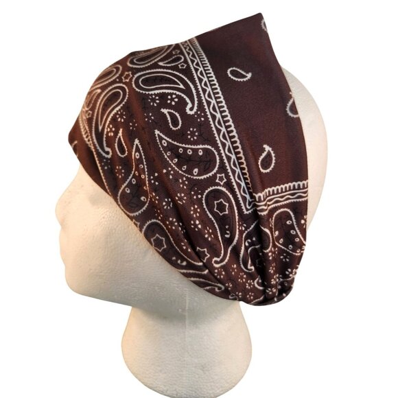 Brown Paisley Knit Headwrap Hairband Soft Stretchy Headband Fabric Unisex Sweatb - Picture 4 of 6